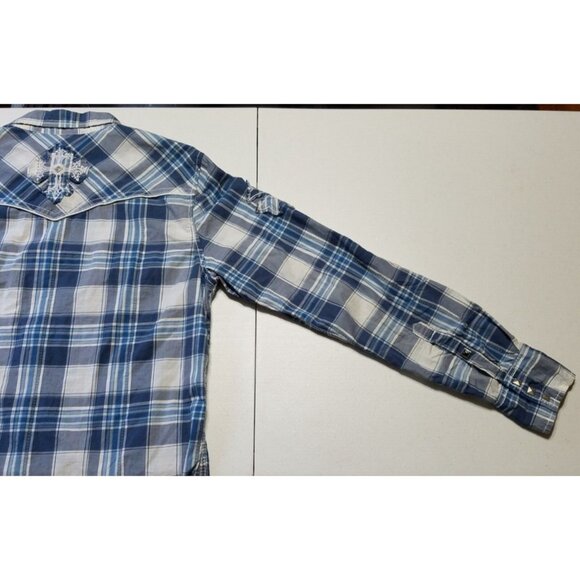 Buckle Black Long Sleeve Pyramid Snap Blue Plaid Slim Fit Shirt Men's Size Small - Picture 9 of 13